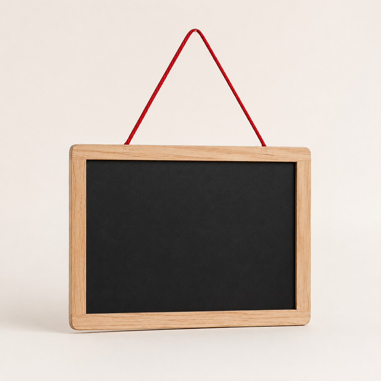 Small black chalkboard with a wooden frame, hanging on a white wall with a red string.