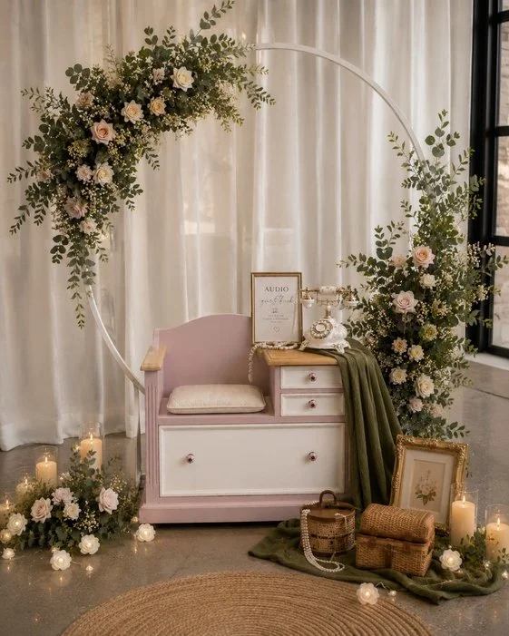 Decorative setup with a small wooden bench, floral arch, candles, framed art, vintage telephone, and wicker baskets, arranged for a celebration or event.