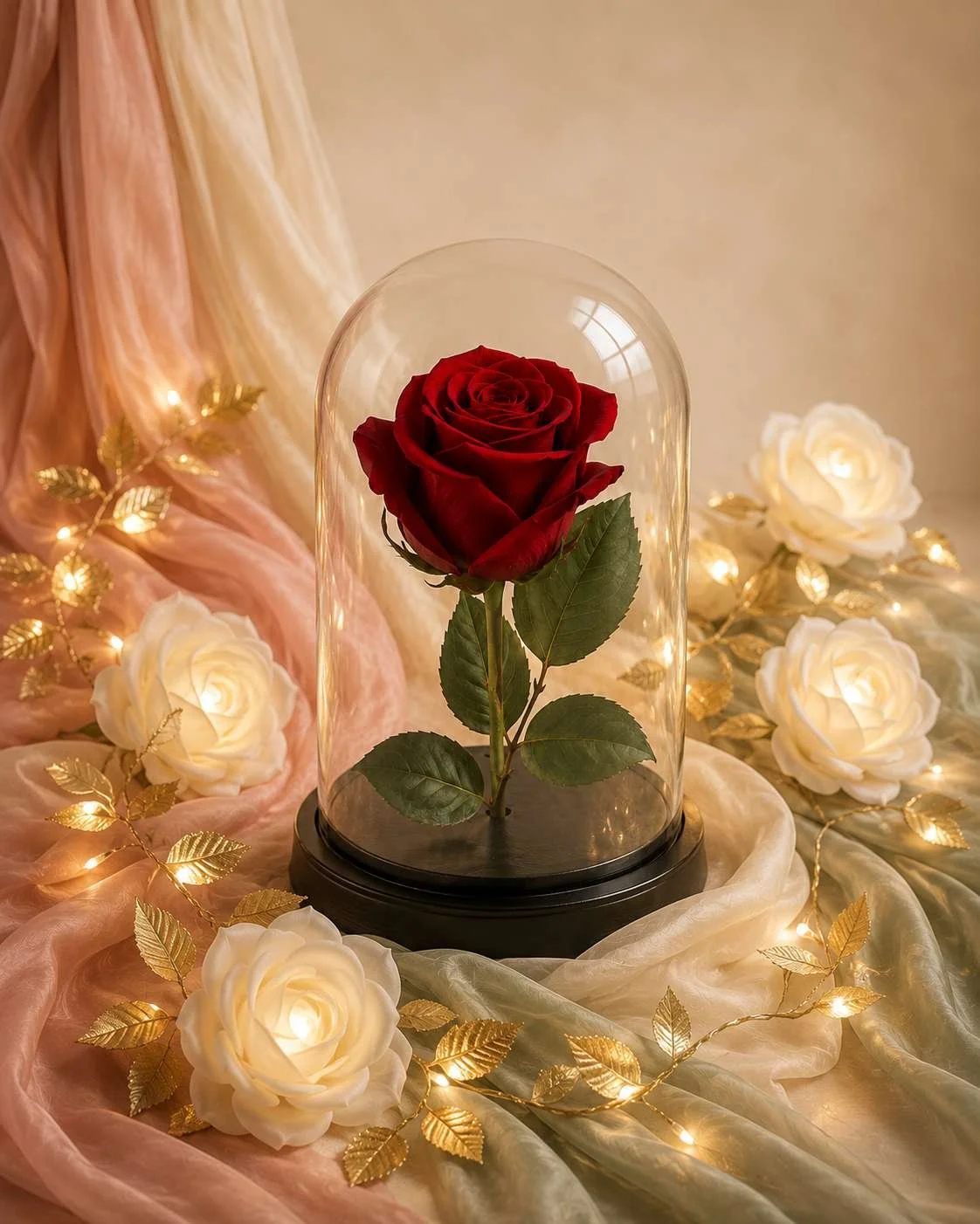 A red rose inside a glass dome, surrounded by white artificial roses and golden leaf string lights on soft pink and cream fabric.