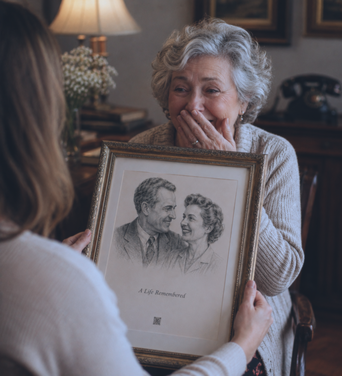 An elderly woman is emotional as she looks at a framed photo of a smiling couple, with a younger woman holding the photo, in a cozy living room.