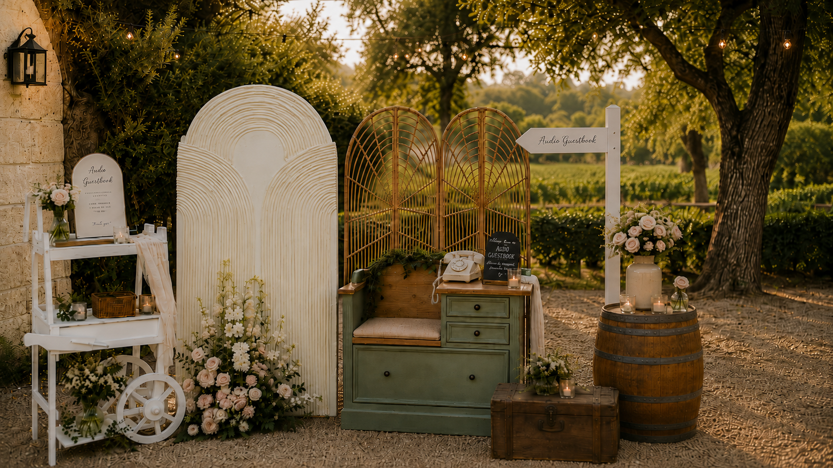 Outdoor scene with vintage decorations, flowers, candles, a rotary telephone, and a sign directing to an audio guestbook, set in a vineyard or garden during sunset.