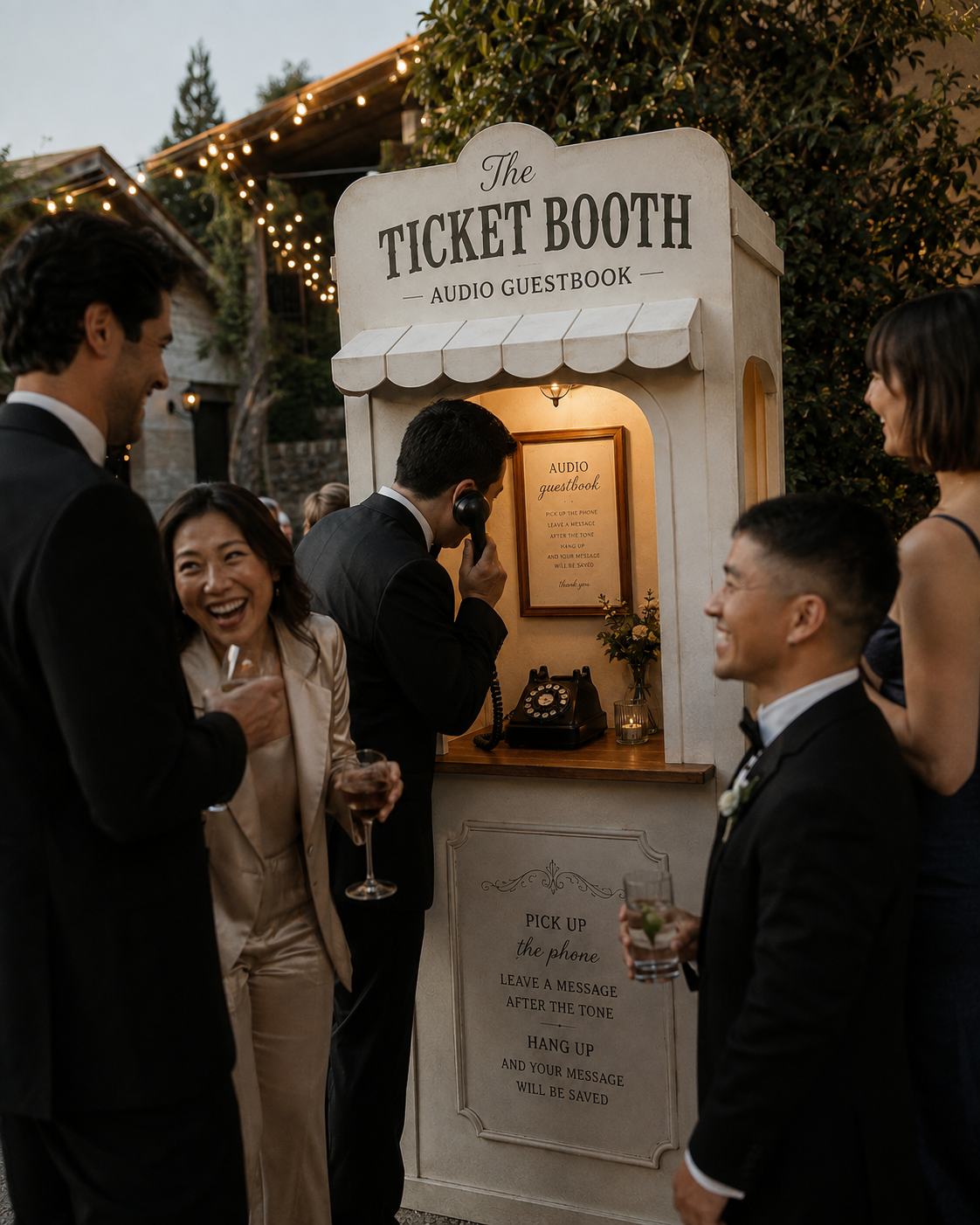 People in formal attire gathered around a vintage phone booth labeled 'The Ticket Booth Audio Guestbook,' where a person is using an old-fashioned rotary phone to record messages. The booth has signage explaining how to leave messages, and the setting is outdoors in the evening illuminated by string lights.
