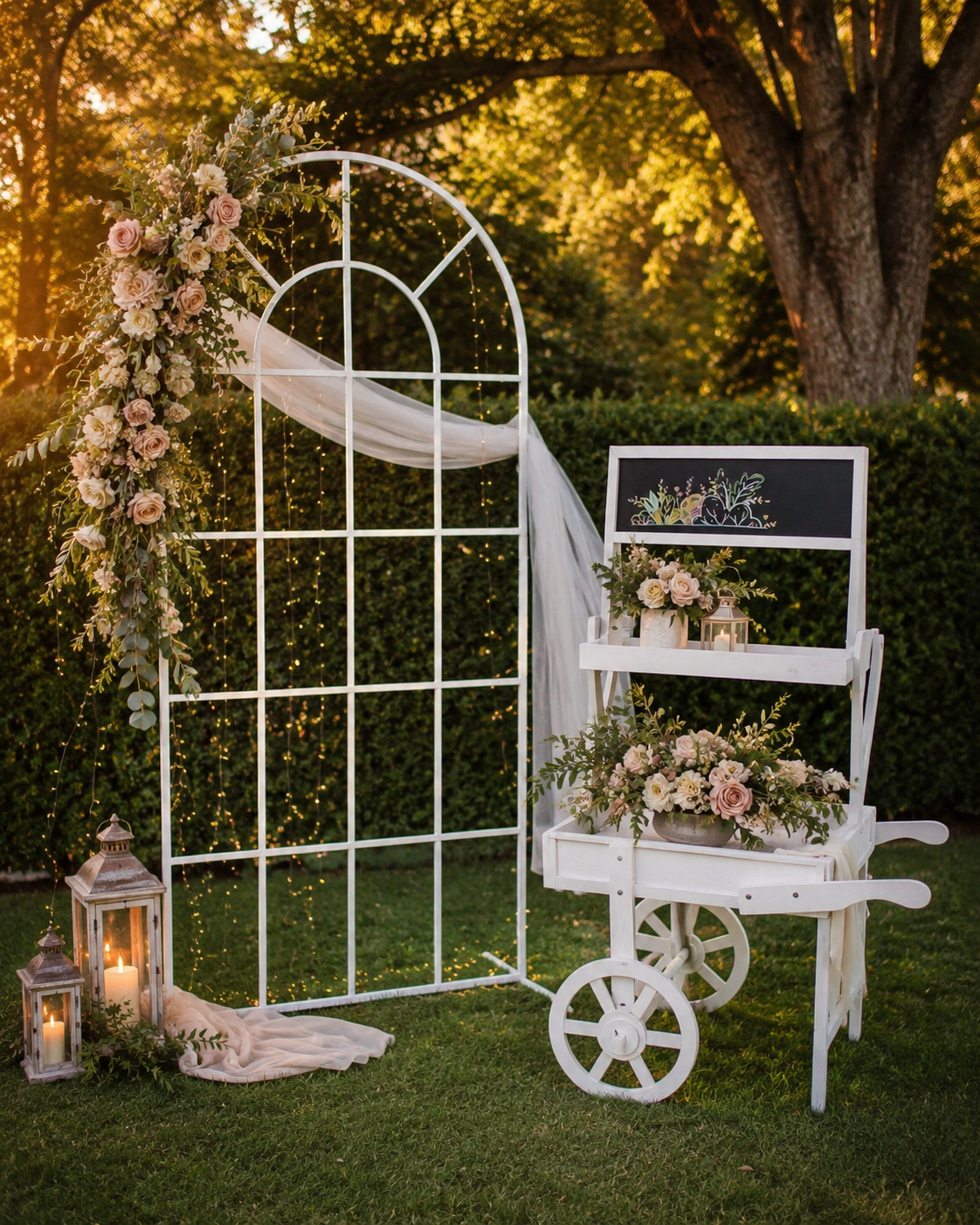 Outdoor wedding setup with a white decorative arch adorned with pink and white flowers and greenery, draped white fabric, and hanging string lights, next to a chalkboard with floral drawings, two lanterns with candles, and a white wooden cart filled with pink and white roses and greenery, set on green grass with trees and bushes in the background.