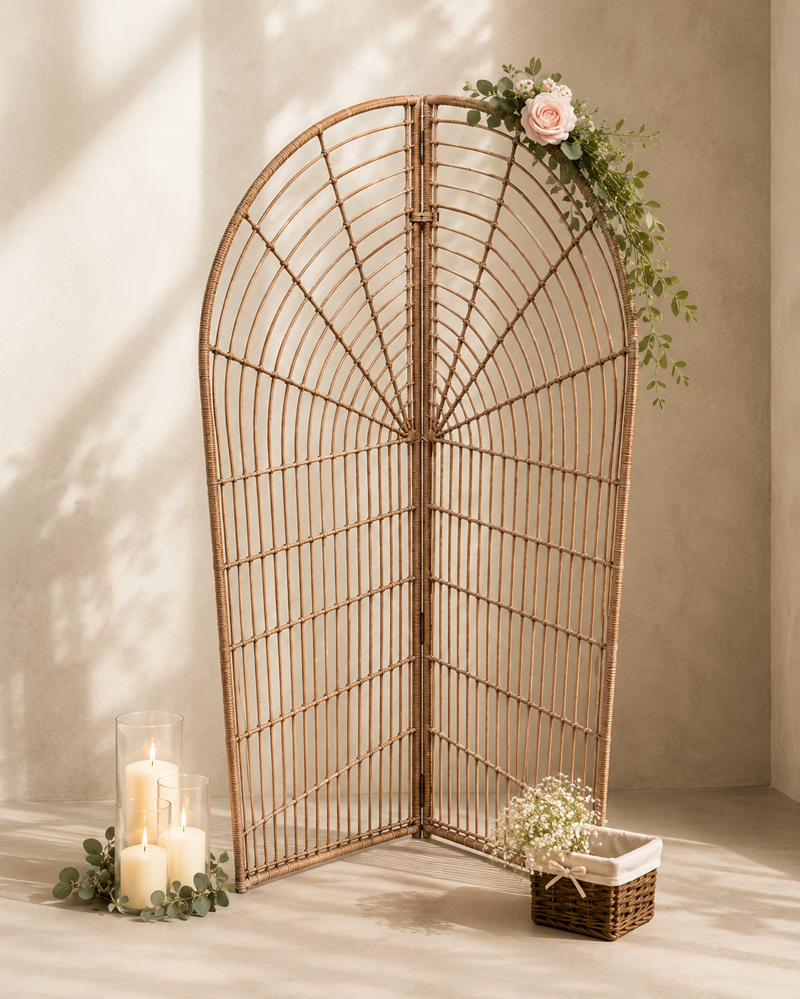 Statement Feature: Rustic Wicker Backdrop (Two‑Panel Folding Screen)