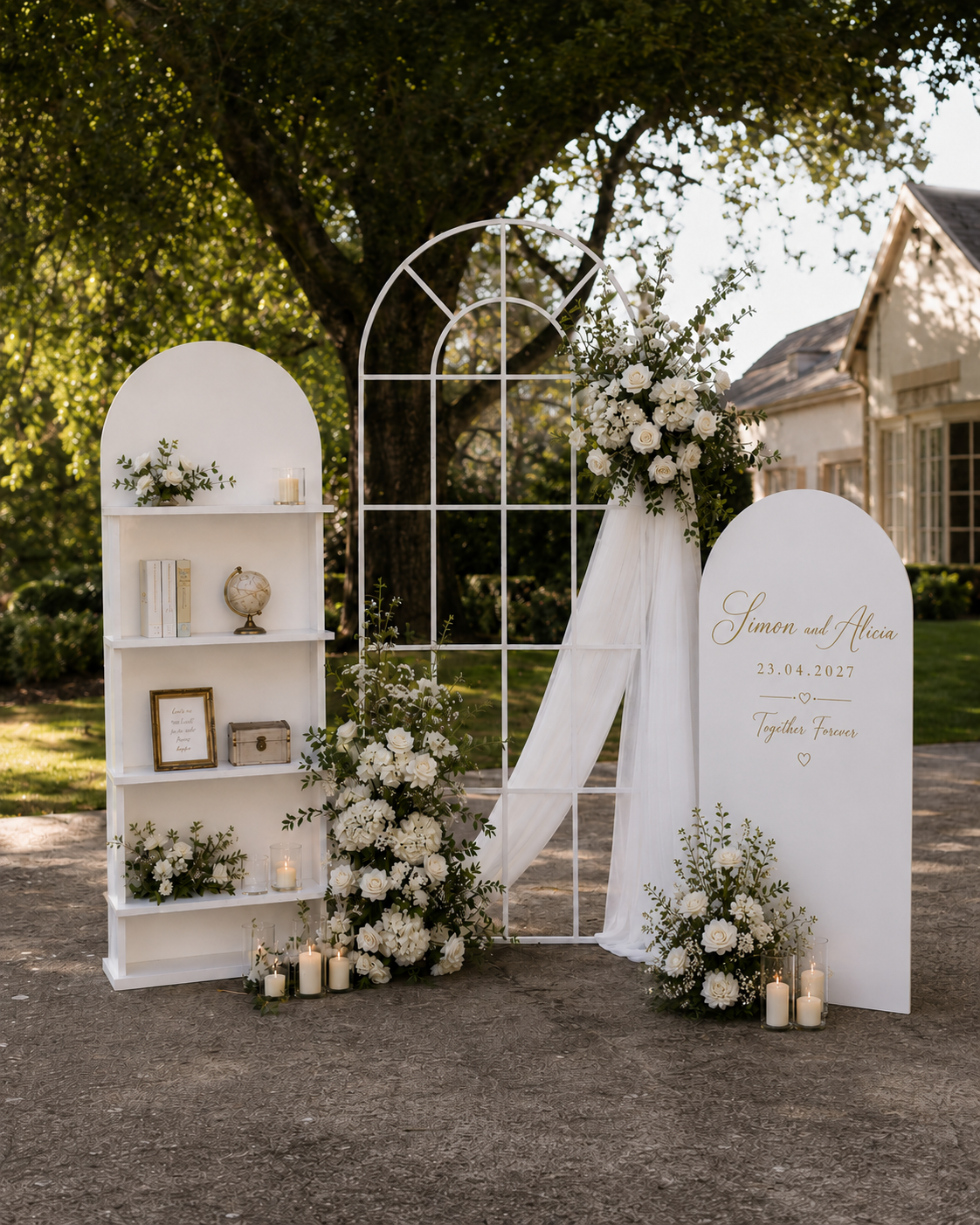 Wedding ceremony setup with white flowers, candles, a white board with the names Simon and Alicia, February 23, 2027, outdoors in a garden with trees and a house in the background