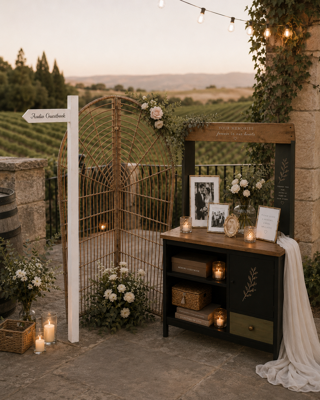 Wedding memorial display with framed photos, candles, flowers, and a wooden memorial sign on a black cabinet, outdoors at sunset with vineyards in the background.