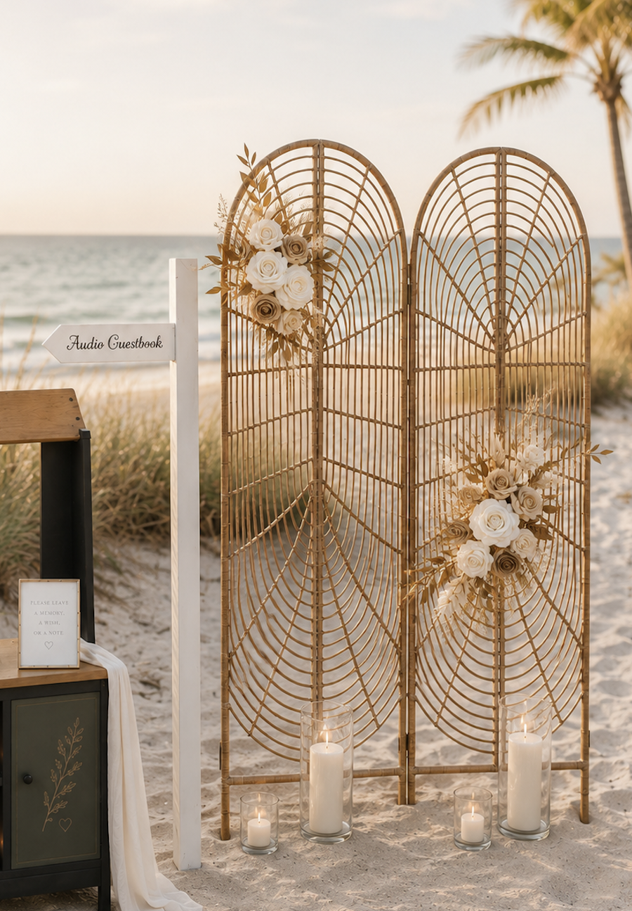 Decorative wedding backdrop on the beach with a bamboo screen decorated with white and beige roses and candles, with a sign pointing to an audio guestbook station and a framed message, overlooking the ocean and palm trees.