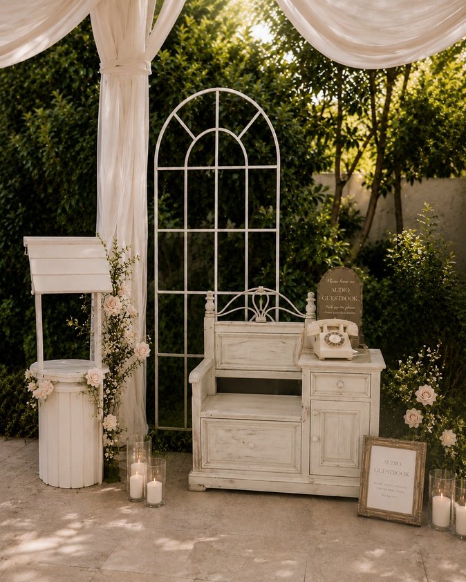 Vintage white wooden furniture with a rotary phone, candles, and floral decorations on an outdoor wedding setup, with a decorative window frame and greenery in the background.