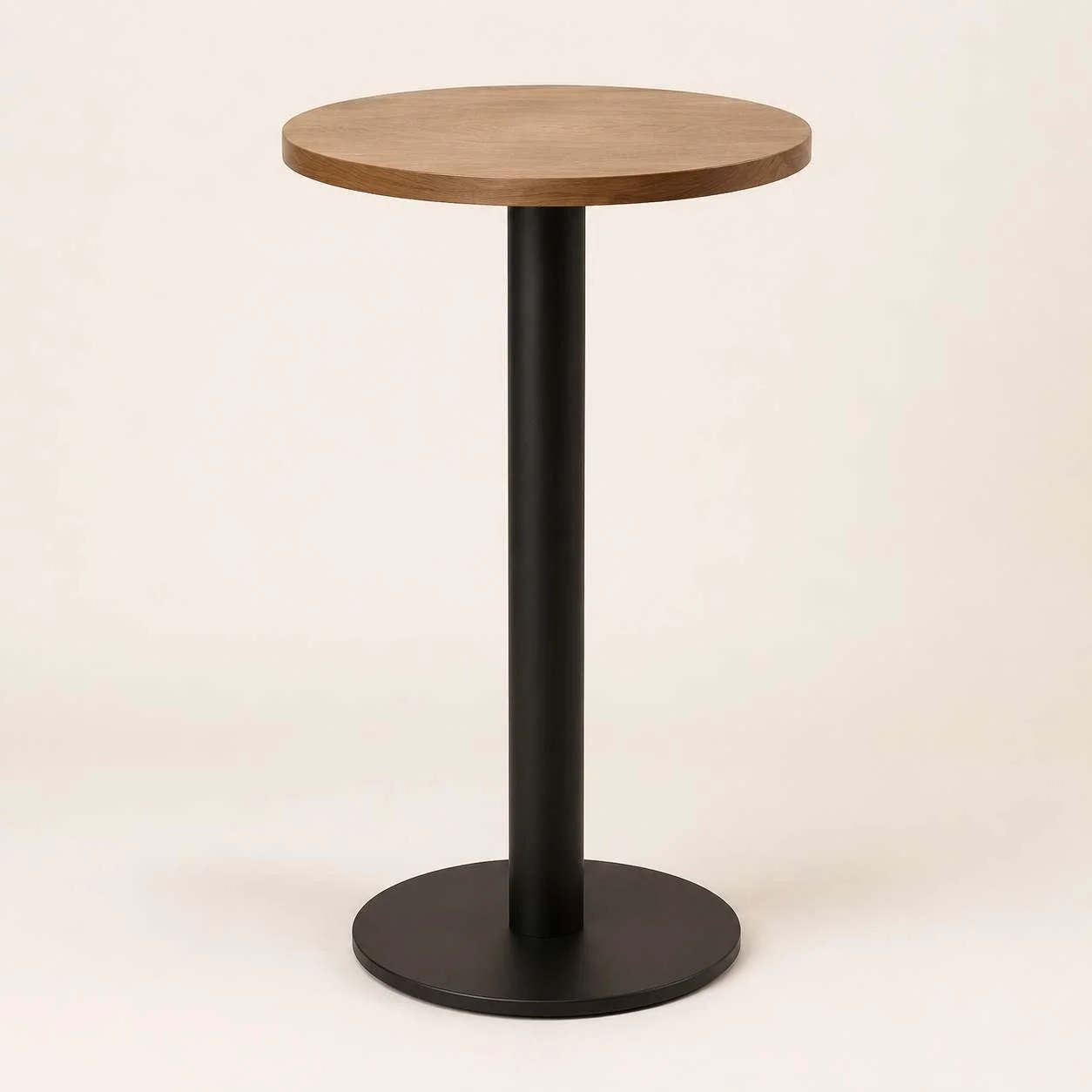 A round wooden table with a black metal pedestal base against a plain off-white background.