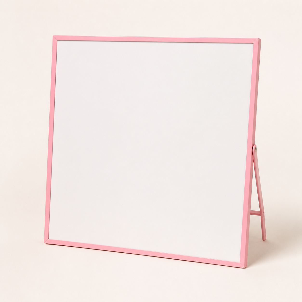 Whiteboard with pink frame on a stand against a plain background.