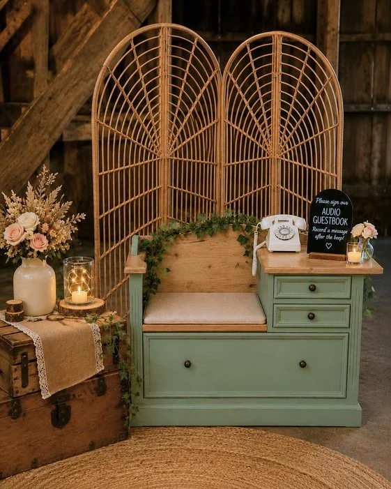 Vintage green wooden bench with a beige cushion, decorated with greenery, next to a rustic side table with candles, flowers, and a small chalkboard sign. An old rotary telephone is on the bench, and a wicker room divider is in the background, set in a barn or rustic setting.
