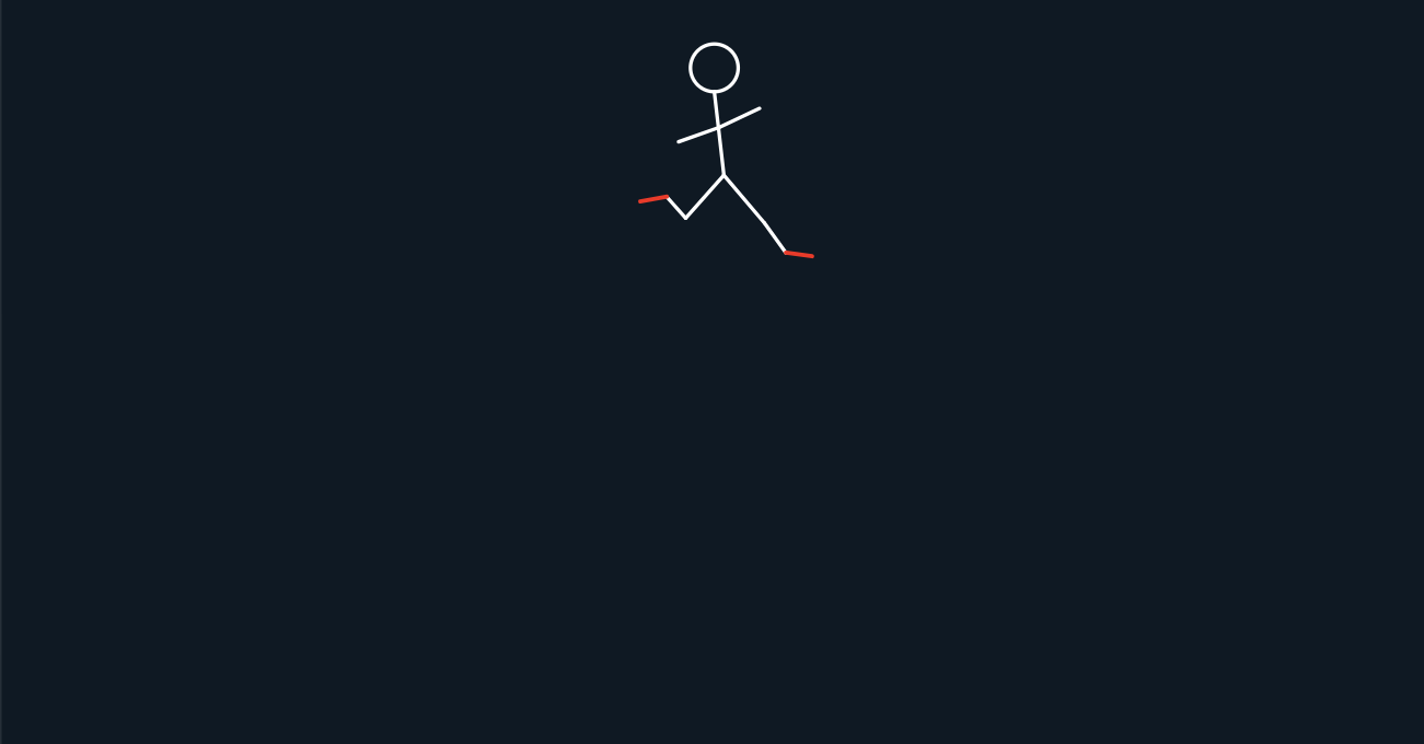 A simple stick figure drawing of a person with a circular head and a straight line body, with arms and legs extended, on a dark background.