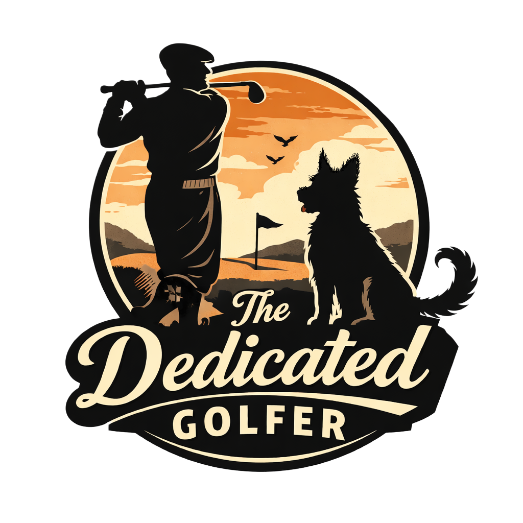Silhouette of a man with a golf club standing next to a dog on a golf course during sunset with the text "The Dedicated Golfer."