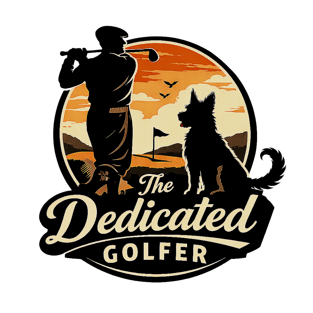 Silhouette of a golfer holding a golf club, with a dog sitting beside a golf course and sunset in the background, and the text "The Dedicated Golfer".