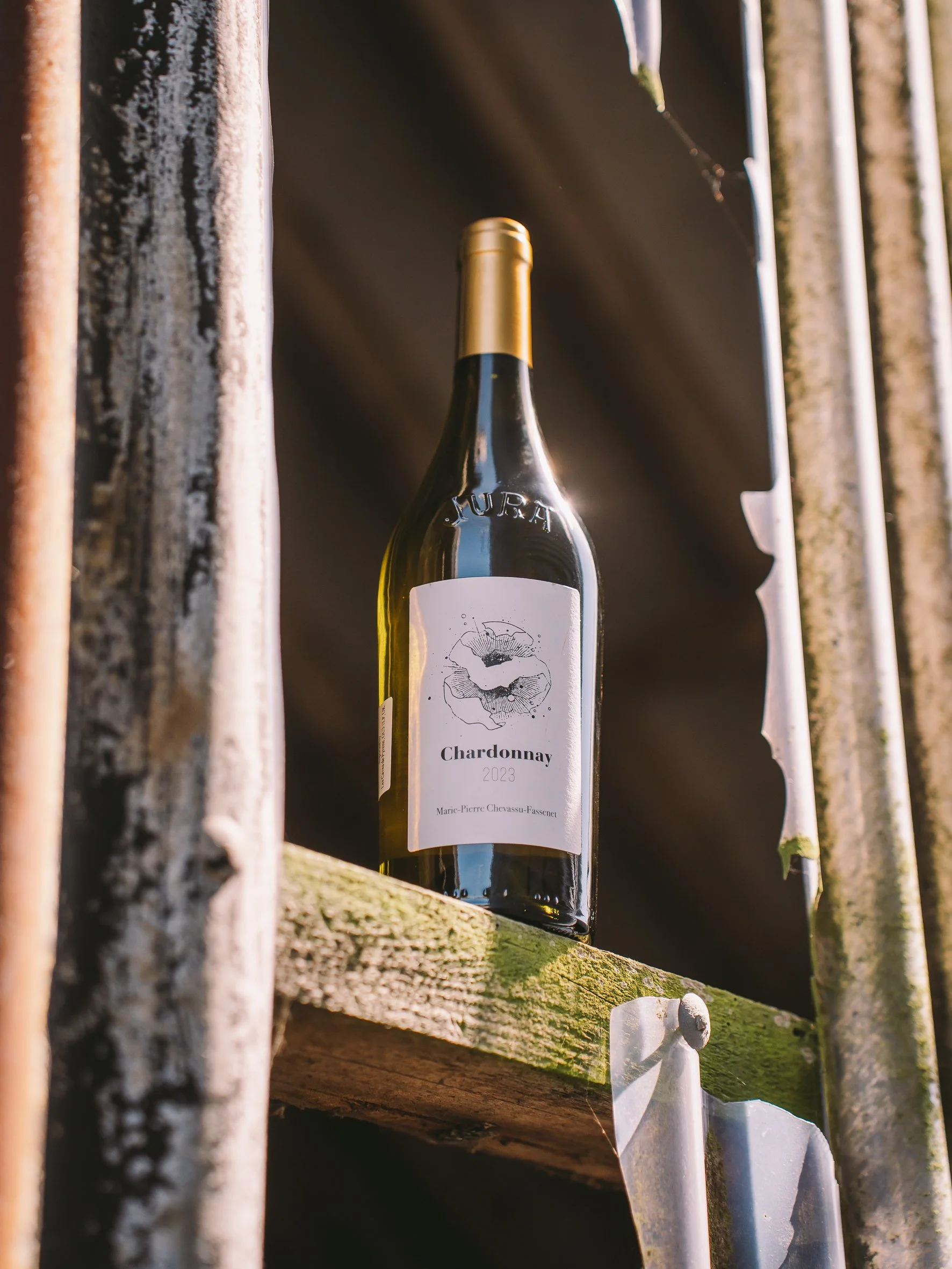 A bottle of Chardonnay wine with a white label, positioned between weathered, rusty metal bars and a moss-covered wooden surface, with sunlight highlighting the bottle and surroundings.