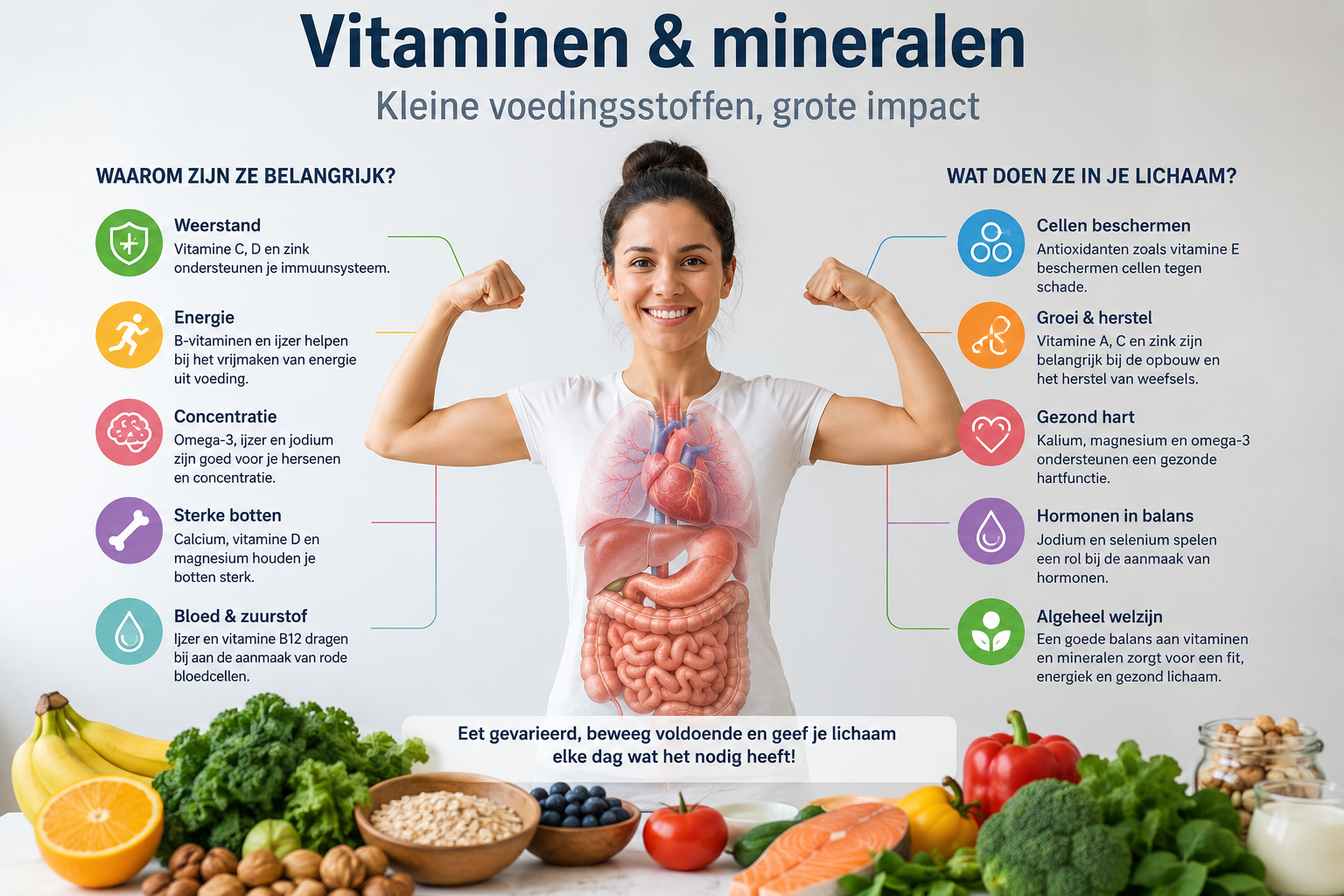 Infografiek over vitaminen en mineralen met beschrijvingen van waarom ze belangrijk zijn en wat ze in het lichaam doen, omringd door een variëteit aan gezonde voedingsmiddelen zoals fruit, groenten, noten en zuivel.