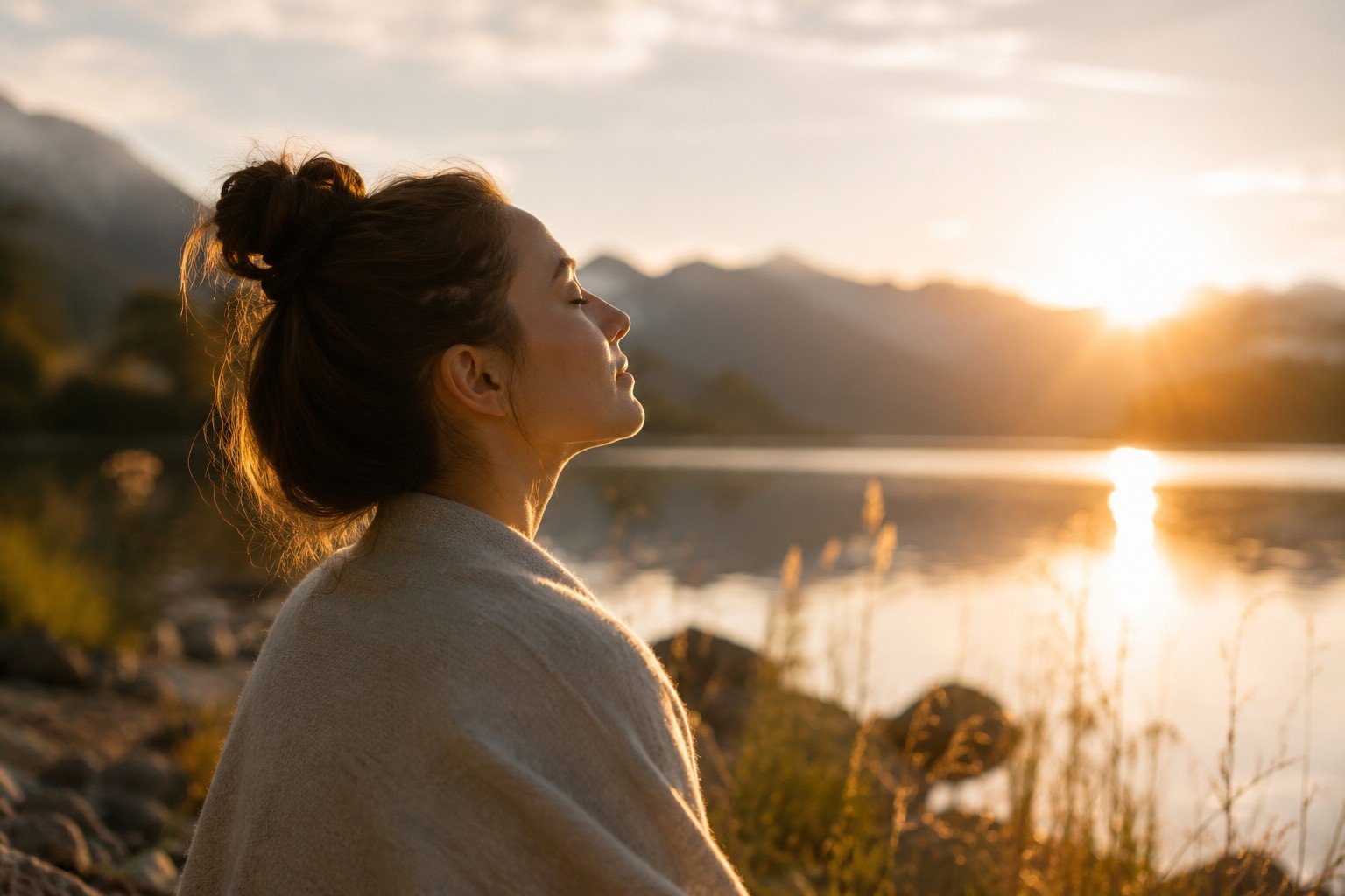 Vrouw die rustig aan de rivier zit tijdens zonsondergang.