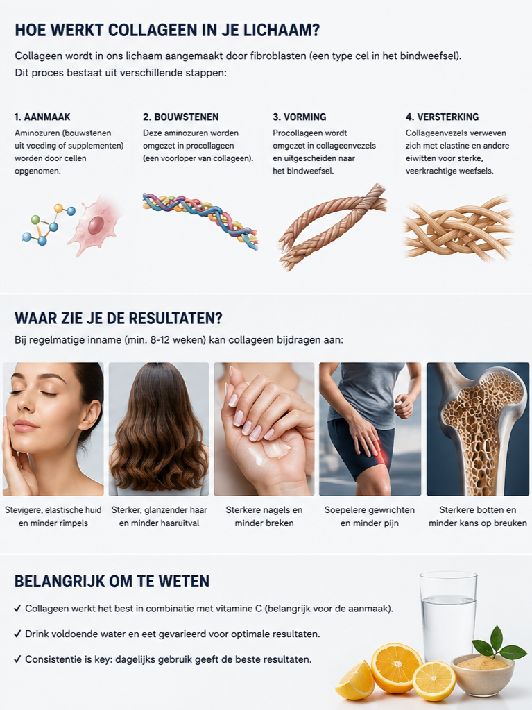 Informatie over hoe collageen werkt in het lichaam, met vier stappen: aanmaak, bouwstenen, vorming en versterking. Ondersteuning voor resultaten met huid, haar, nagels, gewrichten en botten. Tips voor optimale werking, zoals vitamine C, water en consistent gebruik.