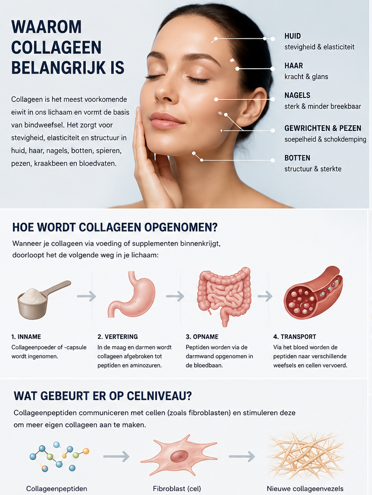 Infographic over het belang van collageen, met uitleg over huid, haar, nagels, gewrichten en botten, en het proces van opname, communicatie en productie op celniveau.