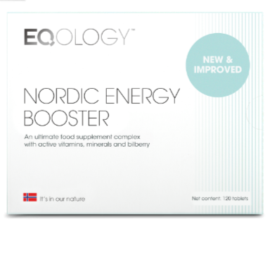 Verpakking van Nordic Energy Booster van EQology, voedingssupplement met actieve vitamines, mineralen en fruitbessen, nieuw en verbeterd, 120 tabletten.