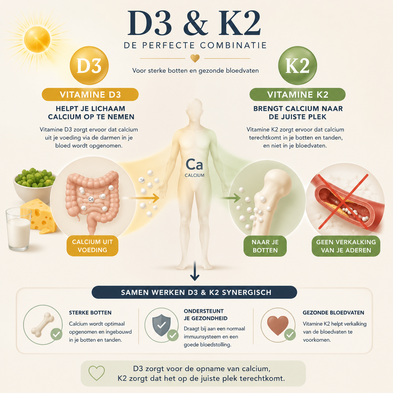 Informatieve poster over de combinatie van vitamine D3 en K2 voor sterke botten en gezonde bloedvaten, met illustraties van de darm, bot en bloedvaten.