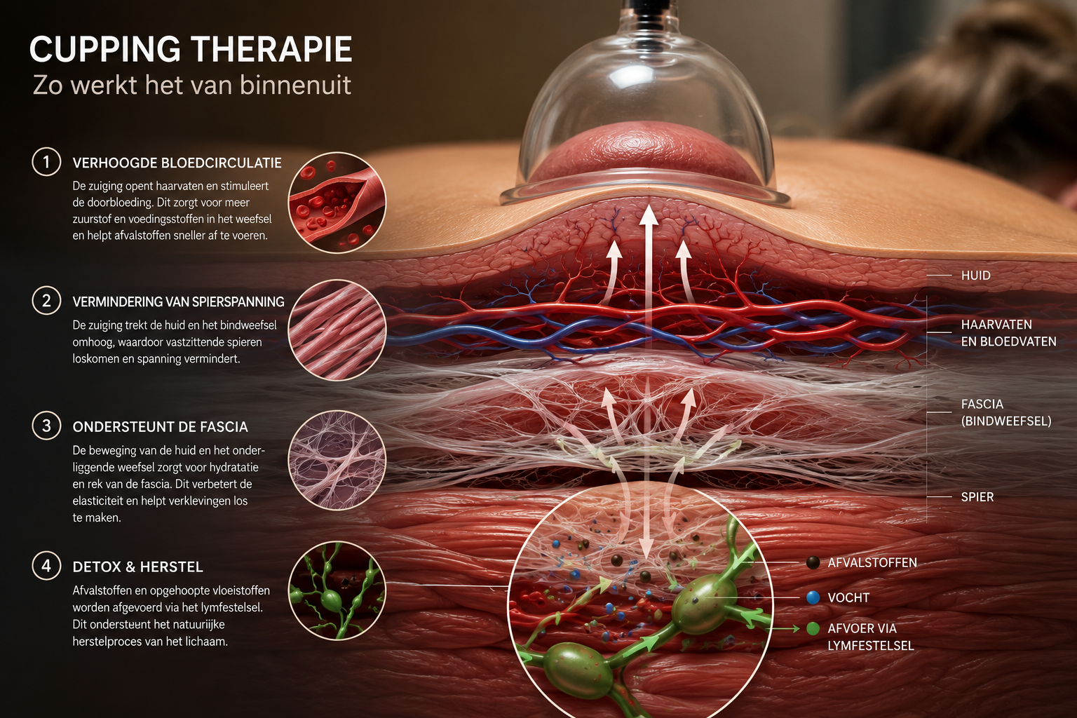 Illustratie van cupping therapie op de nek, met uitleg over verhoogde bloedcirculatie, verminderde spierspanning, ondersteuning van de fascia en detox en herstel, met details van huid, haarvaten, bloedvaten, fascia, spier en afvalstoffen.