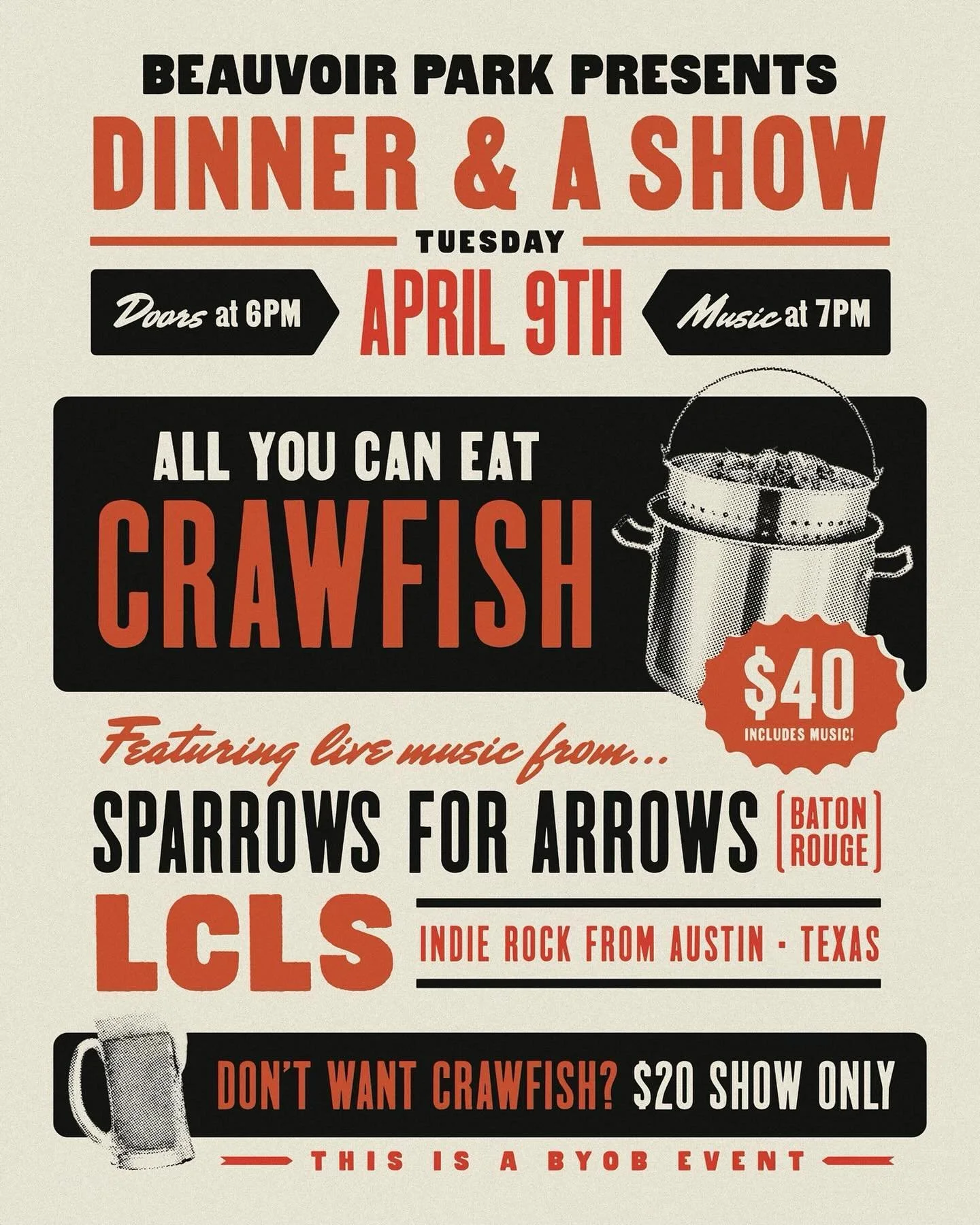 Stoked about this. You good people have been asking for early shows. 

You shall receive. 
Playing early on a Tuesday with @lclsband, with the incomparable staygrayponyboy 

Dinner (all you can eat crawfish!) and a show!

Ticket link in story and in 