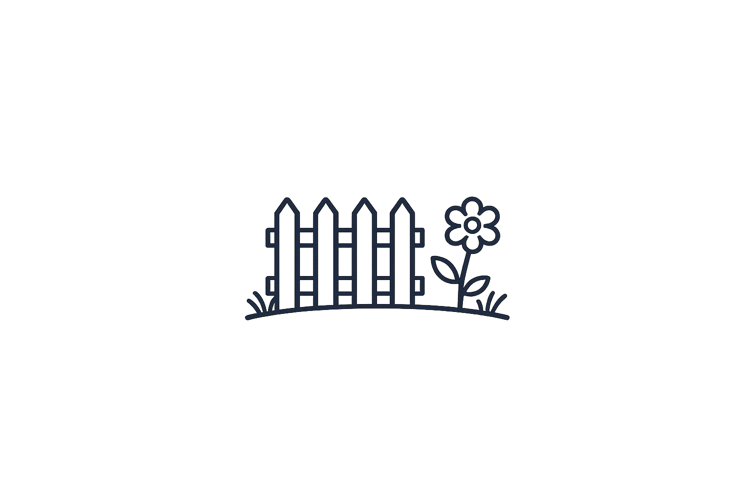 Simple line illustration of a picket fence and flower on grass