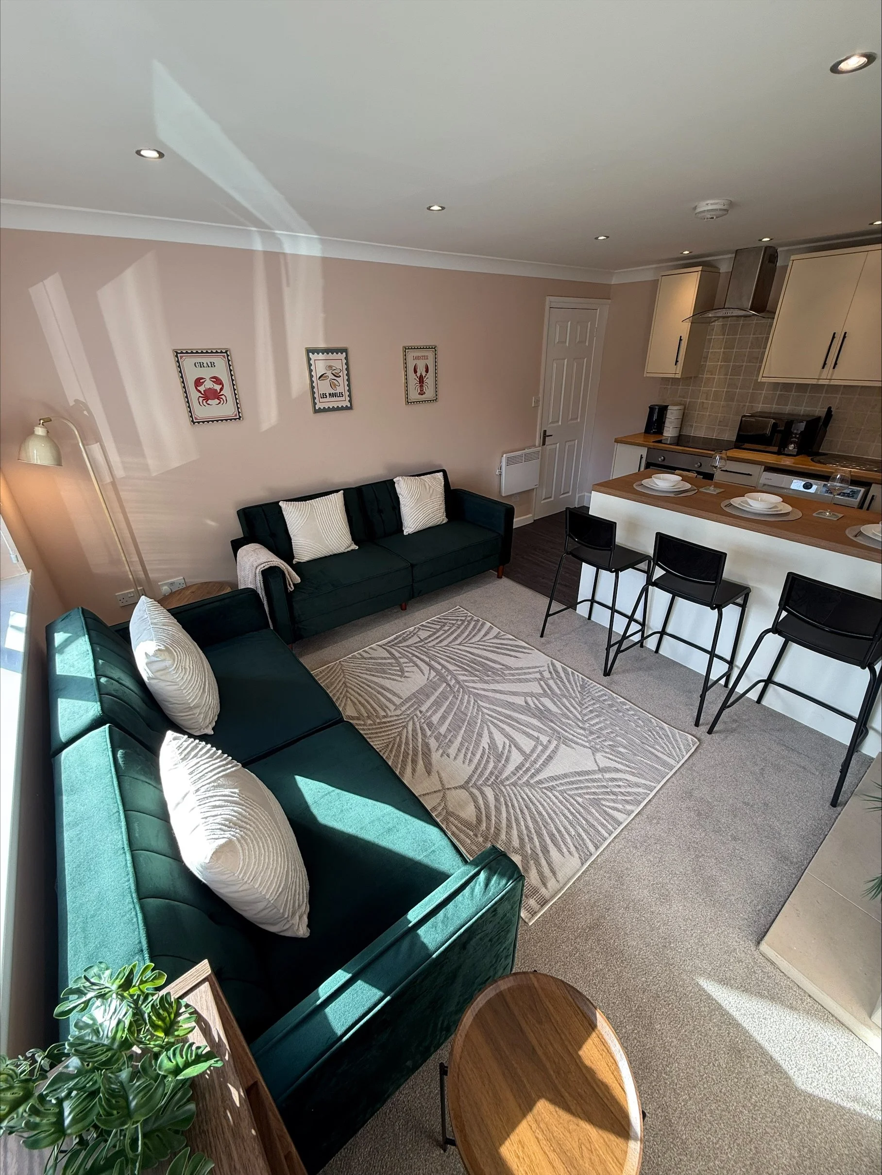 Bright modern open-plan living room and kitchen with teal sofas, white cushions, patterned area rug, breakfast island, and bar stools.