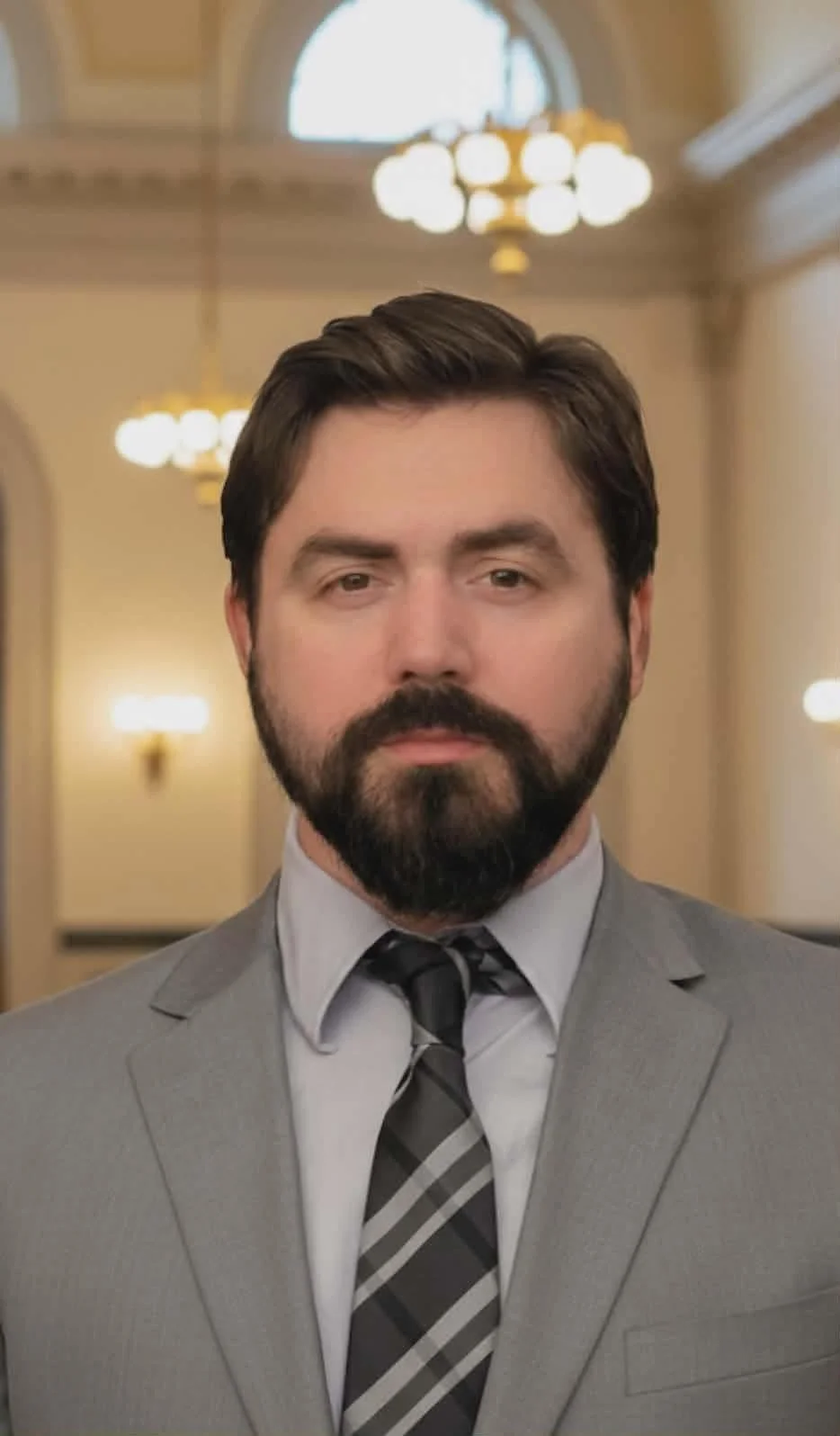 A man with a beard and mustache wearing a gray suit, white shirt, and a gray and black striped tie, standing in a room with high ceilings, ornate light fixtures, and large windows.