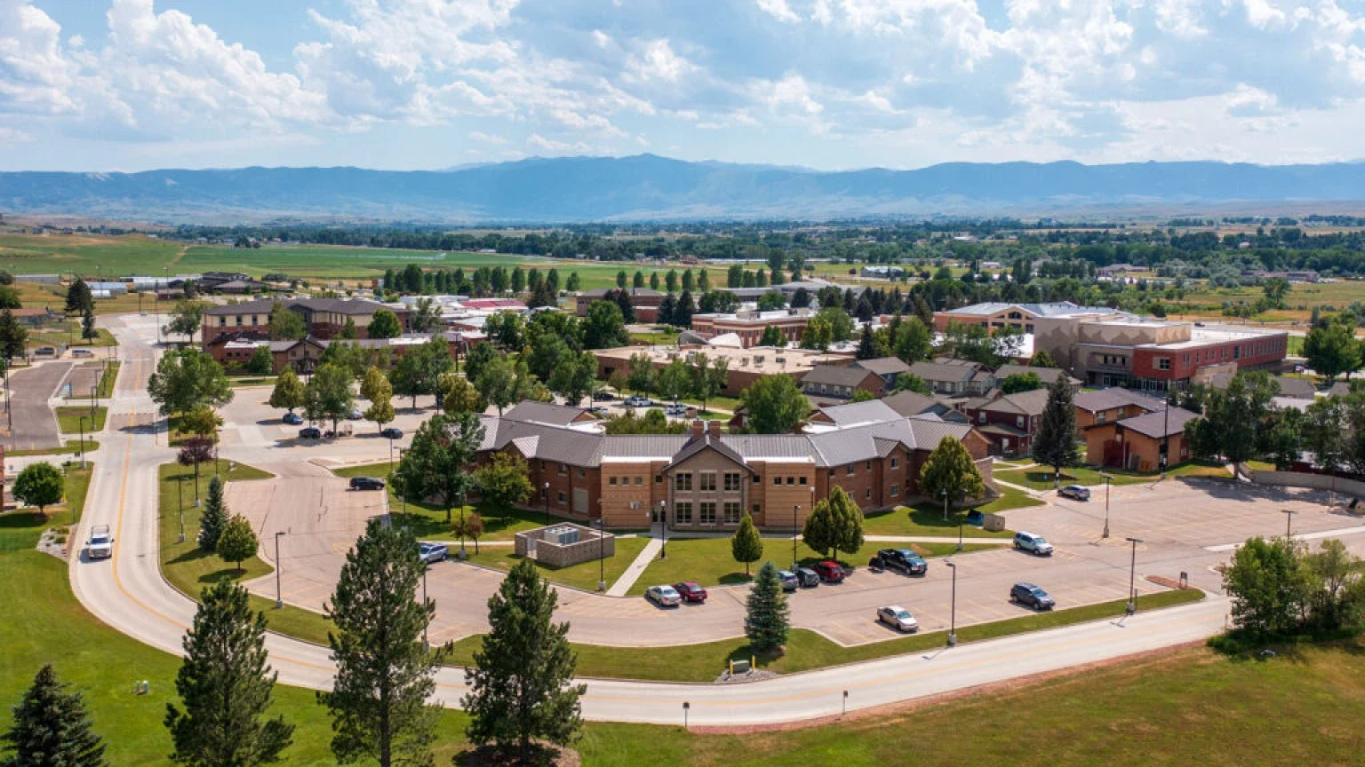 Aerial view of Sheridan College campus buildings and grounds in Sheridan, Wyoming