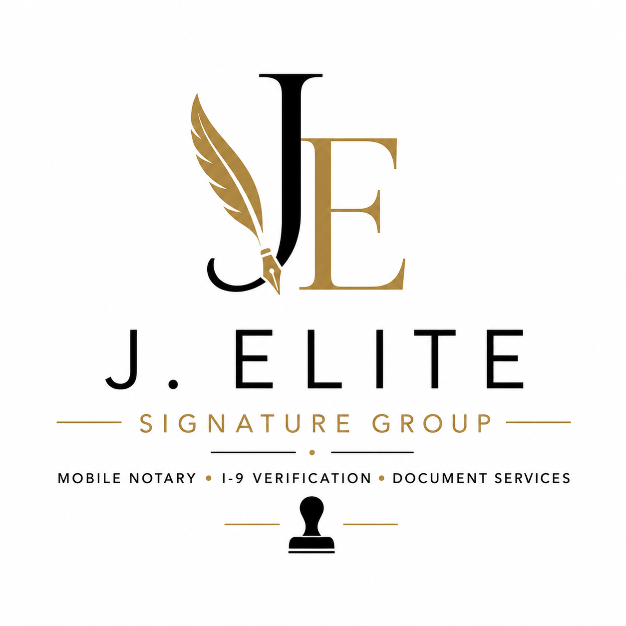 Logo for J. Elite Signature Group with gold and black lettering, a feather pen illustration, and services listed including mobile notary, I-9 verification, and document services.