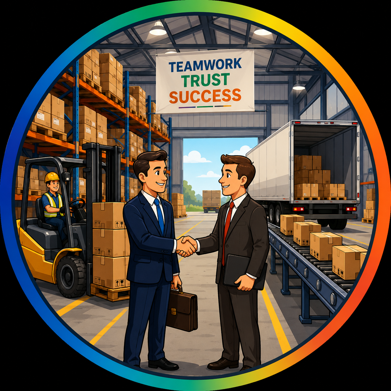 Two businessmen in suits shake hands in a warehouse. There is a forklift driver operating a forklift, warehouse shelves filled with boxes, and a box truck. A colorful banner hanging from the ceiling reads 'Teamwork, Trust, Success.'