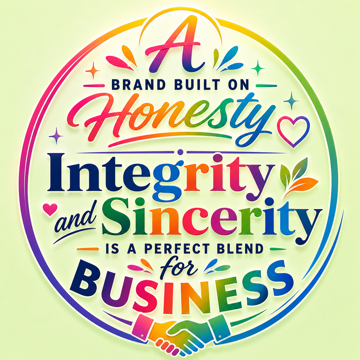 Colorful circular sign displaying the message: 'A brand built on honesty, integrity, and sincerity is a perfect blend for business,' with icons of a handshake and hearts.