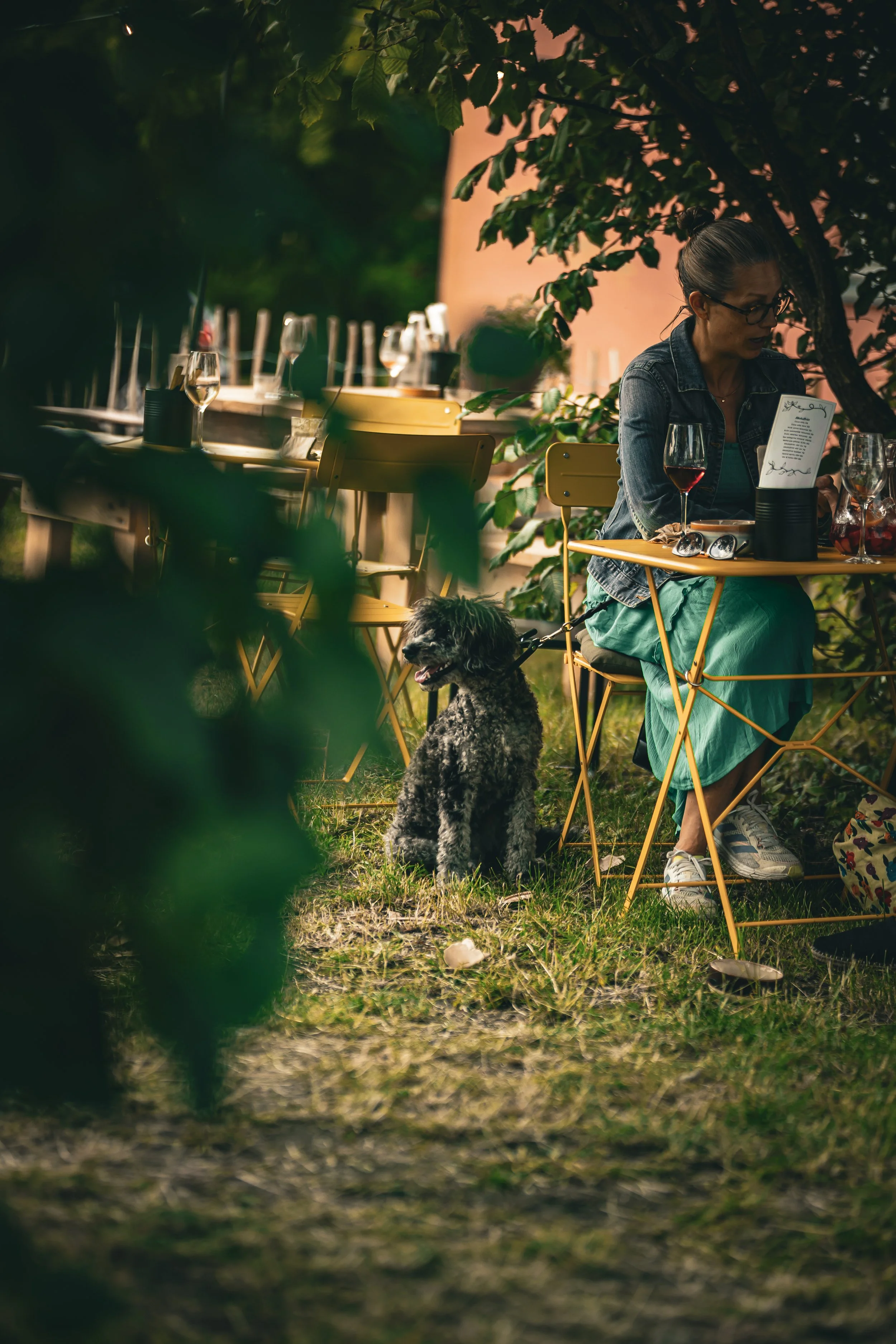 En kvinna i glasögon och denimjacka som äter på en uteservering, med ett glas vin framför sig och en liten hund bredvid sig, omgiven av gröna träd och uteserveringsmöbler.