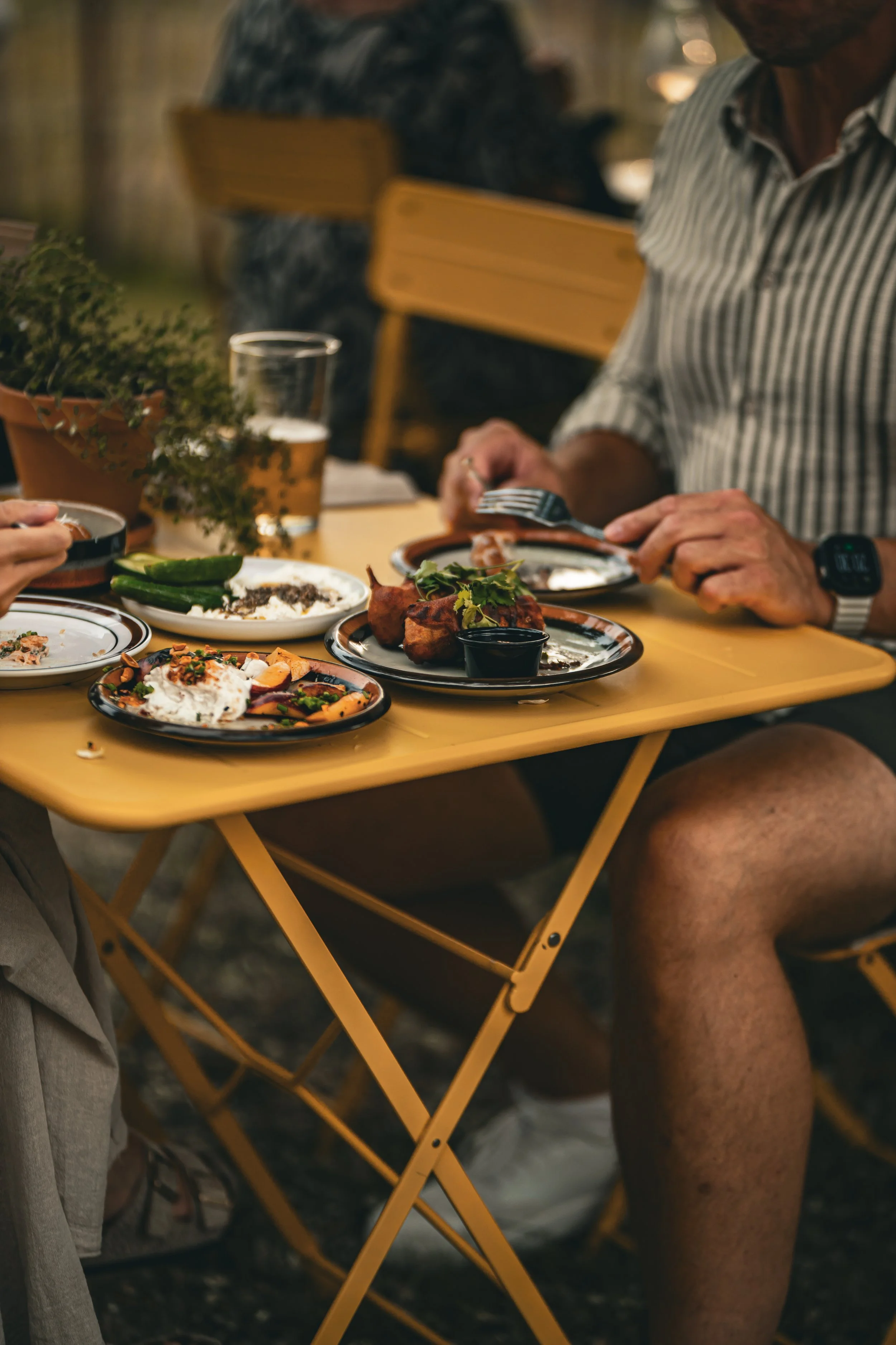 Förrätt på ett gult bord med en person som äter med gaffel, det finns tallrikar med mat, en skål med sallad, en öl, och en växt i en kruka i bakgrunden.
