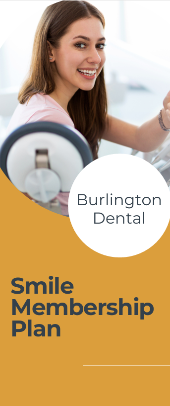 Smile Membership Plan Flier Cover showing woman in dentist chair smiling