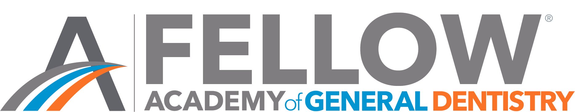 Fellow Academy of General Dentistry logo with stylized 'A' and curved lines in gray, orange, and blue.