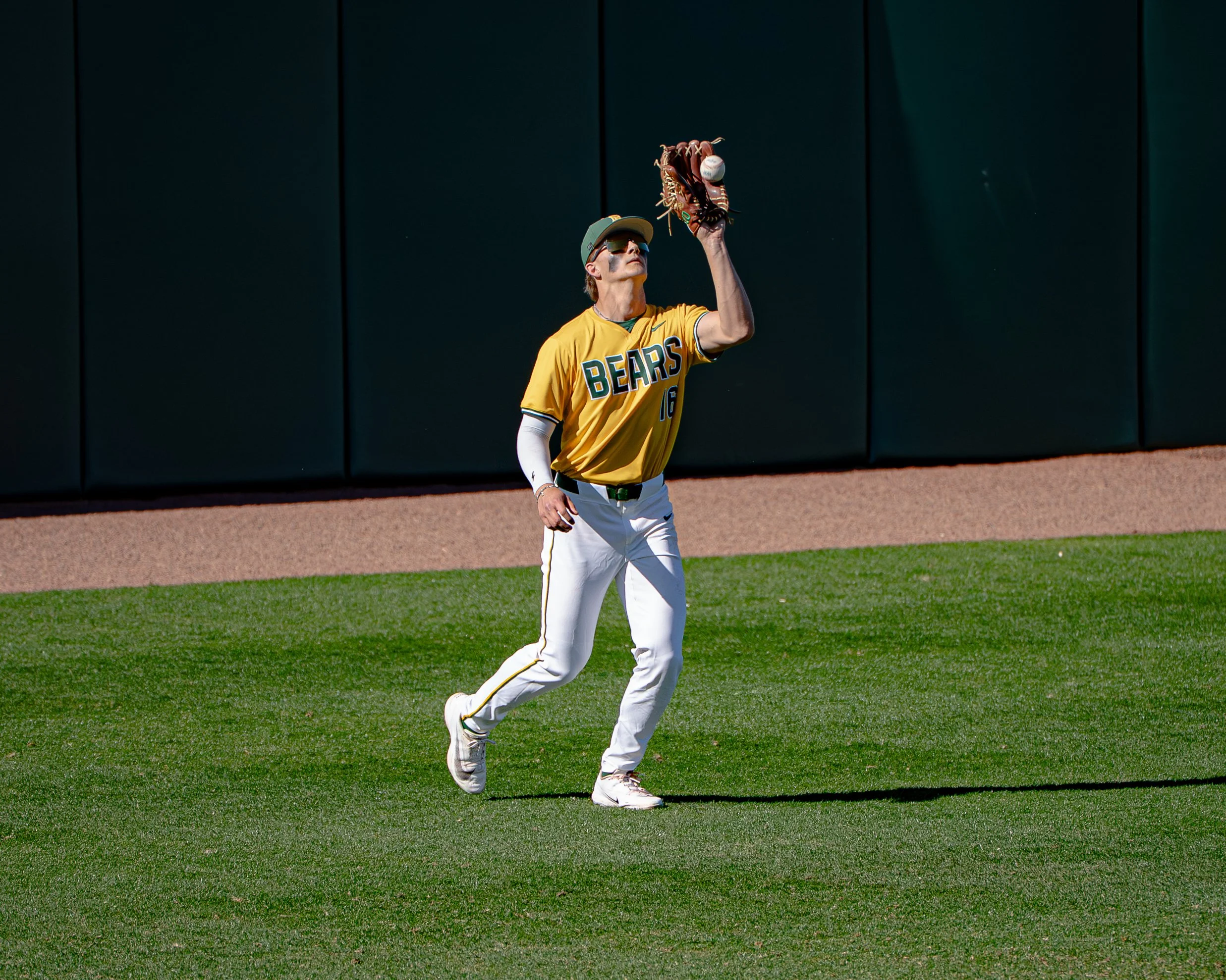 A baseball player wearing a yellow jersey with 'BEARS' written on it and a cap is preparing to catch a baseball with his glove in a stadium.