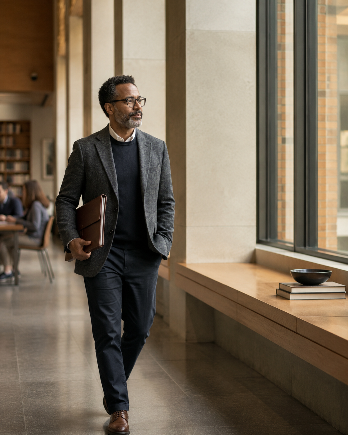 A professional man walking in a modern office space, holding a brown folder, wearing glasses, a suit jacket, and dress shoes, looking out the window.