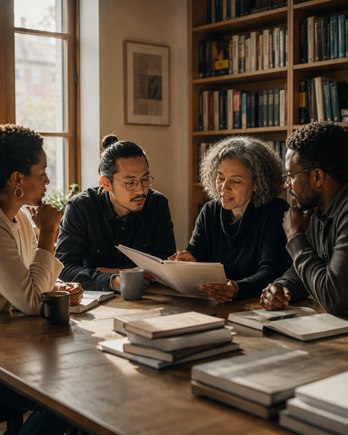 Diverse faculty members gathered around a table in discussion, symbolizing belonging, academic voice, mentoring, and institutional change in higher education.