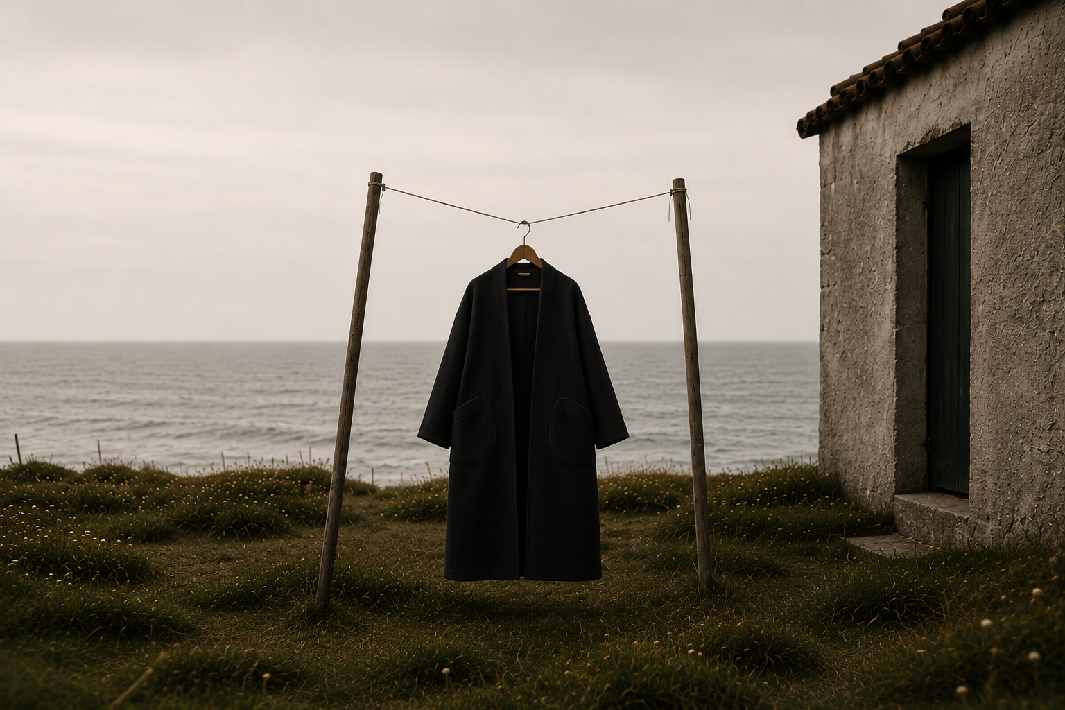 Handcrafted black burel wool coat hanging outdoors on the Portuguese coast.