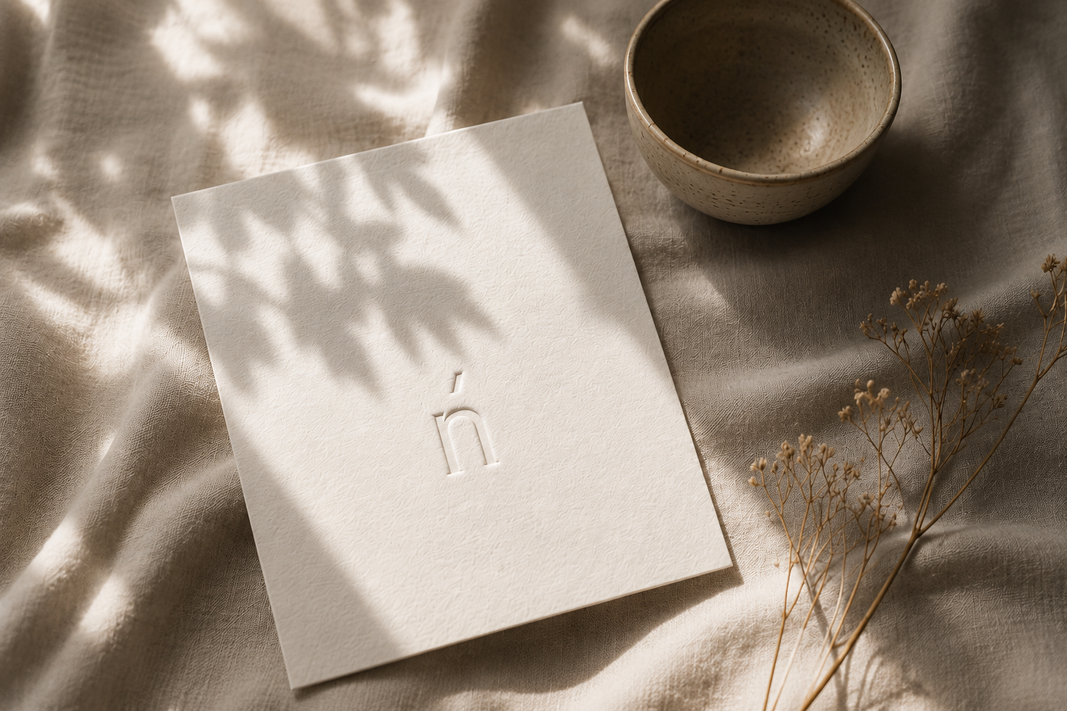 A white Nenúfar care card, with an embossed nenúfar Monogram on the cover, a speckled ceramic cup, and a sprig of dried flowers, all on a beige fabric surface with soft, natural lighting.