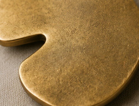 Close-up of the matte brass Nenúfar signature brooch handcrafted for the Shadow coat.