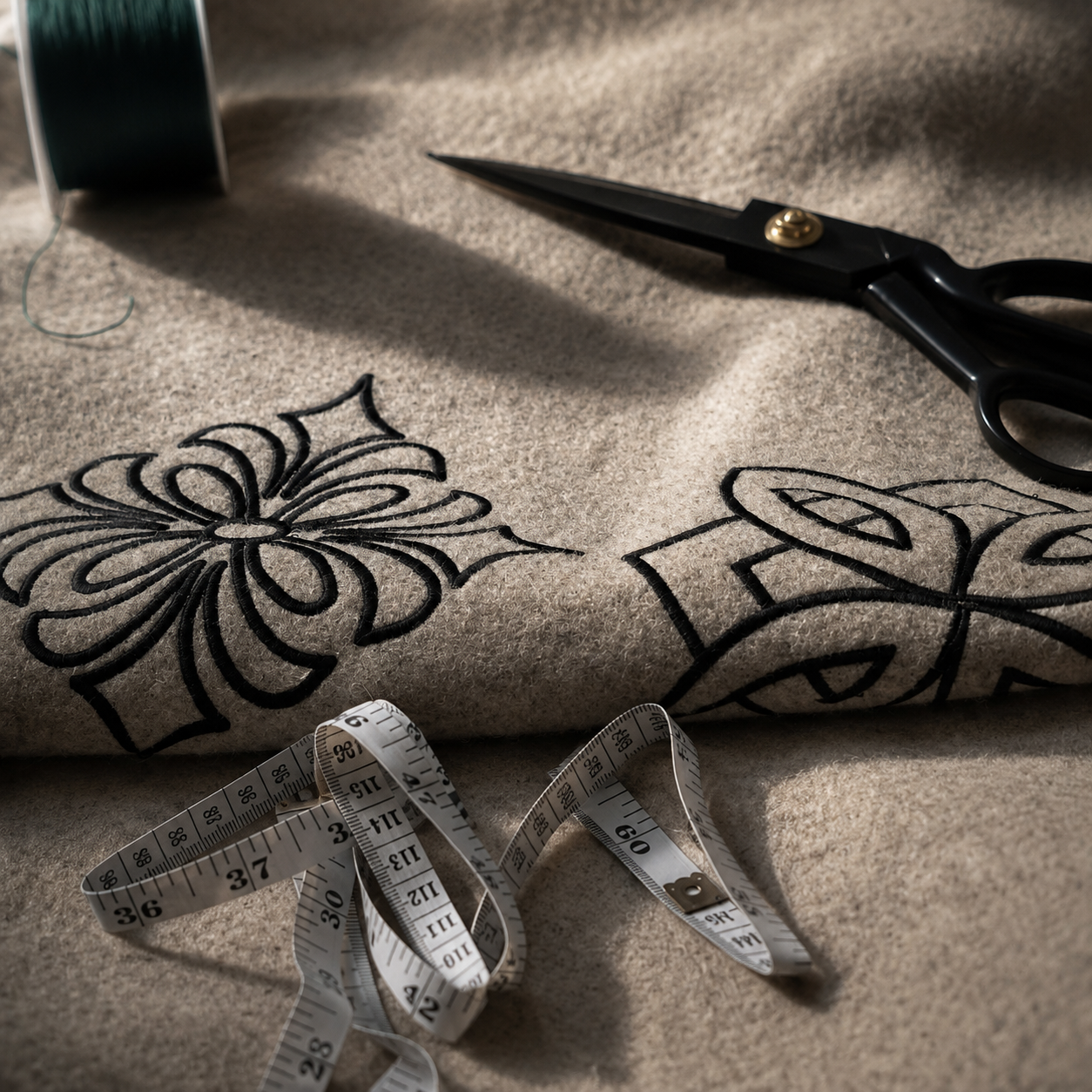 Black embroidery from the Stone coat of the Nenúfar collection, inspired by the Atlantic ocean.