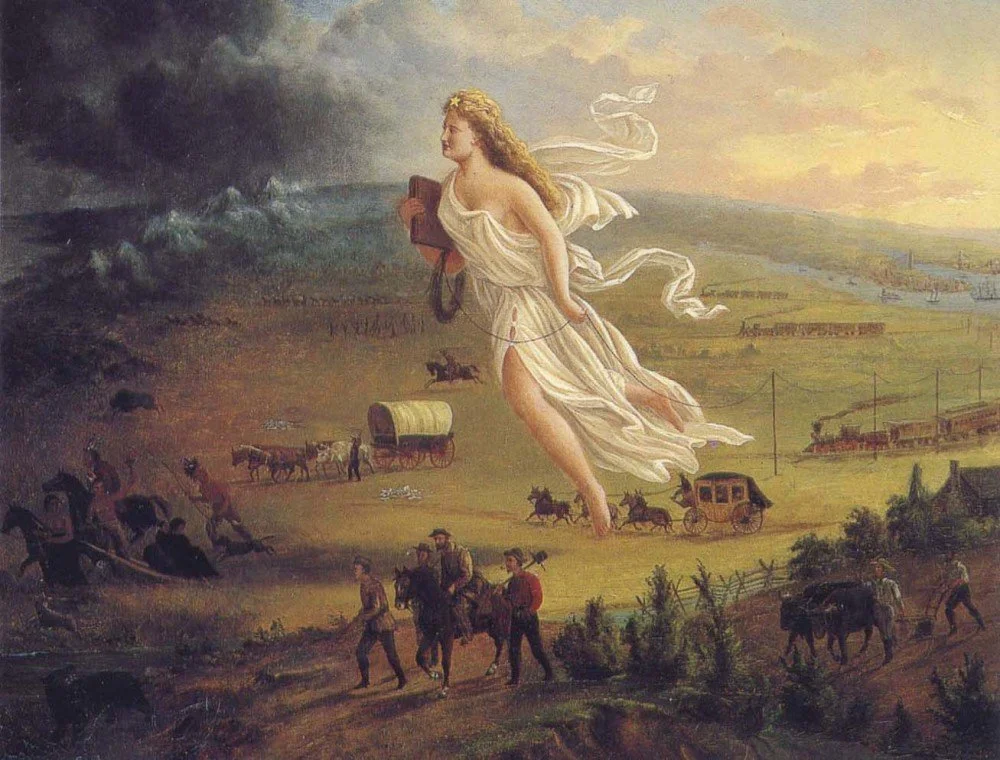 Artistic propaganda like this promoted the national project of manifest destiny. Columbia, the female figure of America, leads Americans into the West and into the future by carrying the values of republicanism (as seen through her Roman garb) and pr