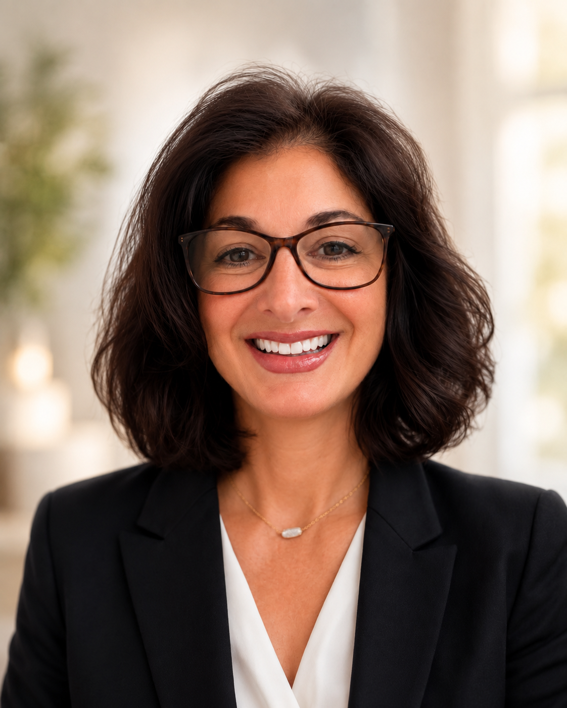 Close-up of a smiling woman with shoulder-length dark hair, wearing glasses, a black blazer, and a white blouse, in an indoor setting.