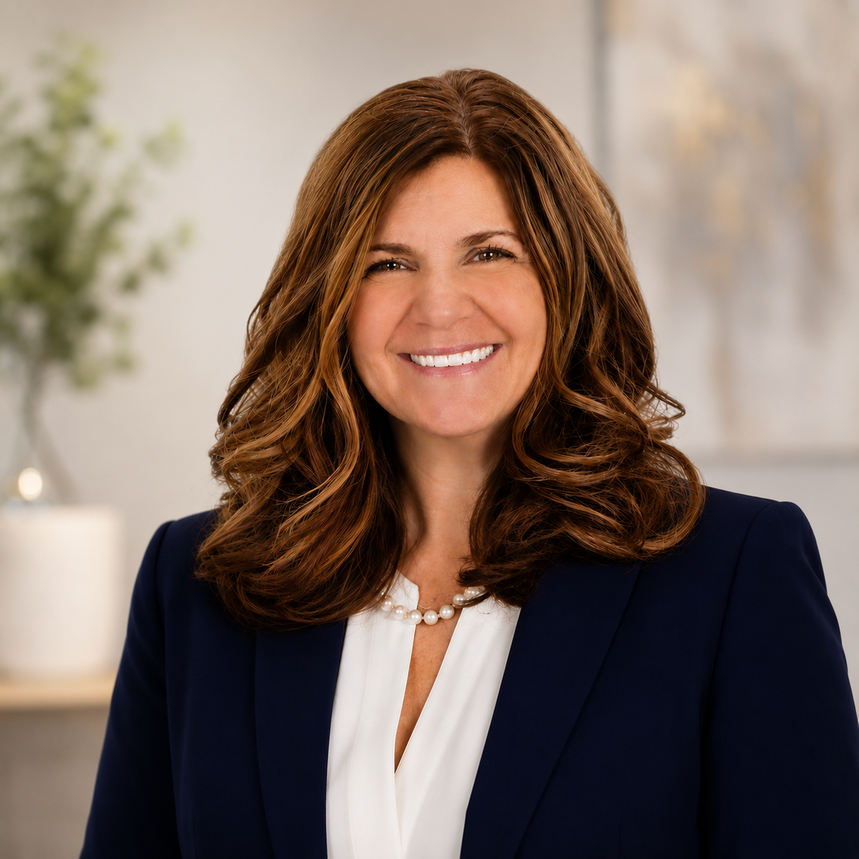 A woman with long, wavy, reddish-brown hair smiling, wearing a navy blazer over a white blouse and a pearl necklace, in an indoor setting with blurred background.