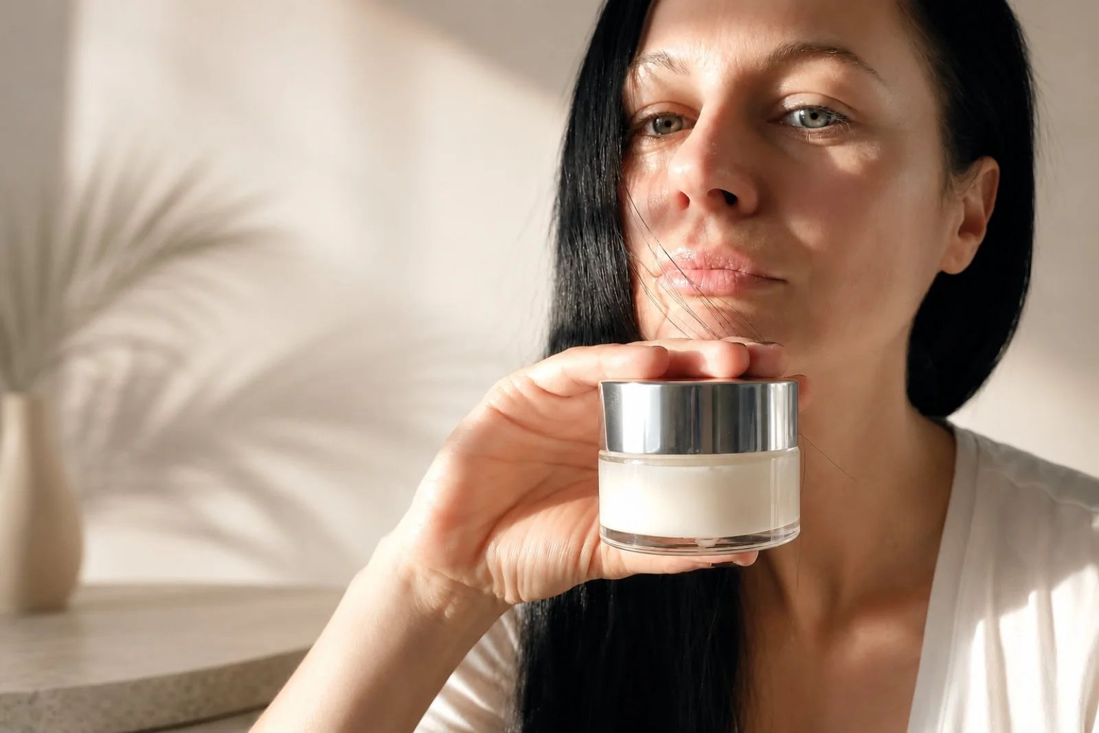 A woman with black hair holding a jar of cream close to her face, in an indoor setting with neutral tones.