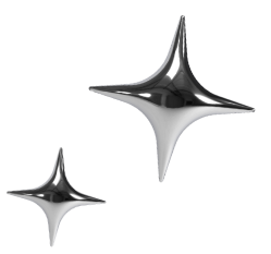 Two metallic star-shaped balloons floating in the air